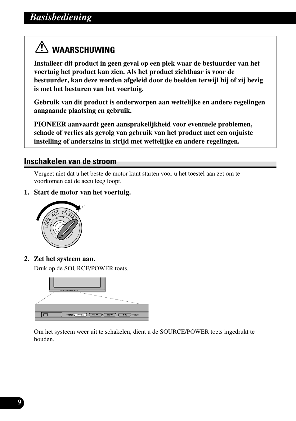 Basisbediening, Inschakelen van de stroom, Waarschuwing | Pioneer AVD-W1100V User Manual | Page 170 / 226