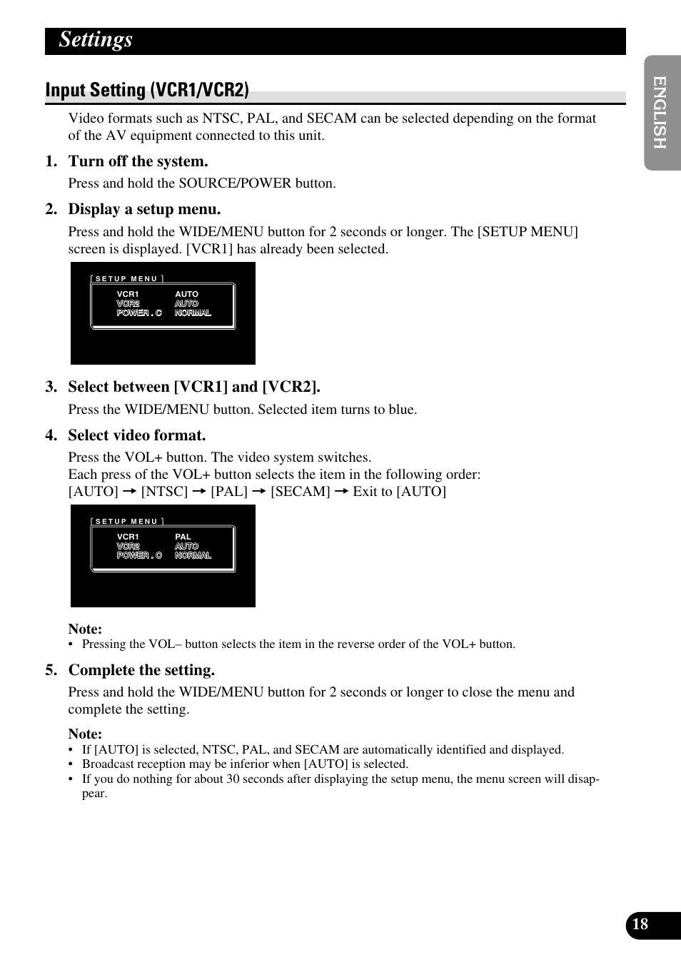 Settings, Input setting (vcr1/vcr2), Turn off the system | Display a setup menu, Select between [vcr1] and [vcr2, Select video format, Complete the setting | Pioneer AVD-W1100V User Manual | Page 19 / 226
