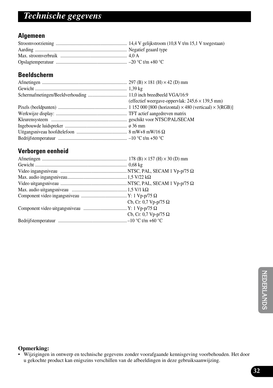 Technische gegevens | Pioneer AVD-W1100V User Manual | Page 193 / 226