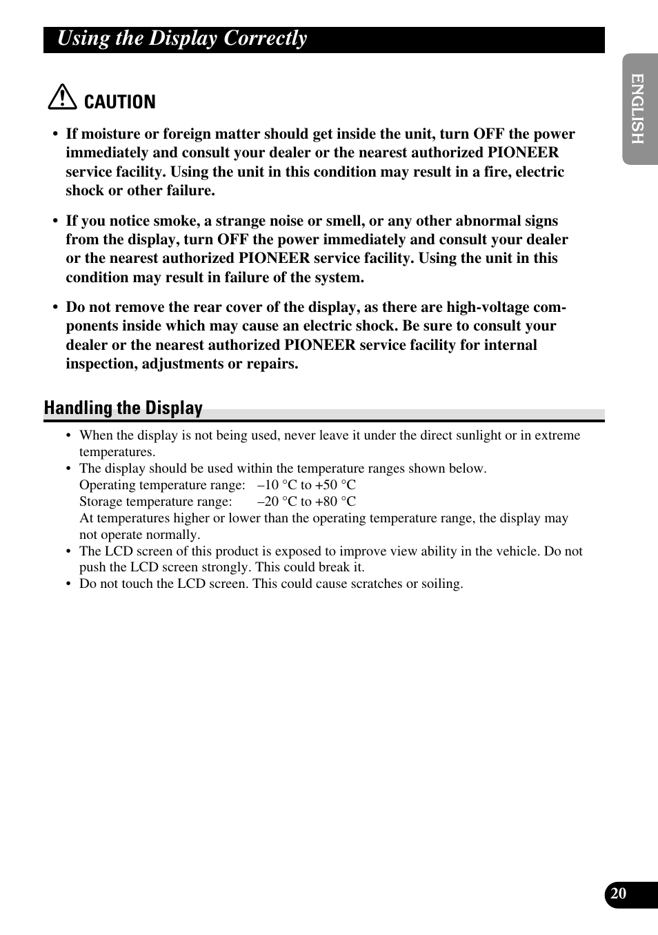 Using the display correctly, Handling the display, Caution | Pioneer AVD-W1100V User Manual | Page 21 / 226