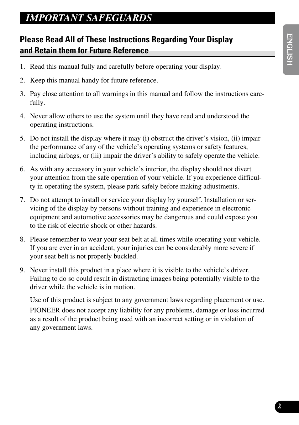 Important safeguards, Please read all of these instructions | Pioneer AVD-W1100V User Manual | Page 3 / 226