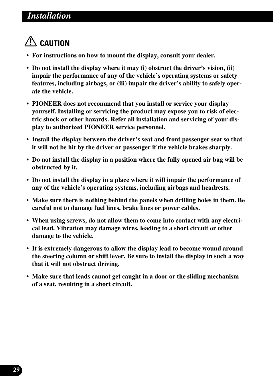 Installation, Caution | Pioneer AVD-W1100V User Manual | Page 30 / 226