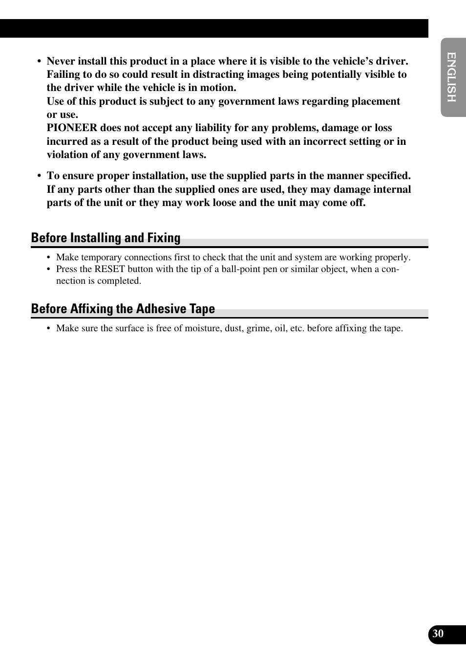 Before installing and fixing, Before affixing the adhesive tape | Pioneer AVD-W1100V User Manual | Page 31 / 226
