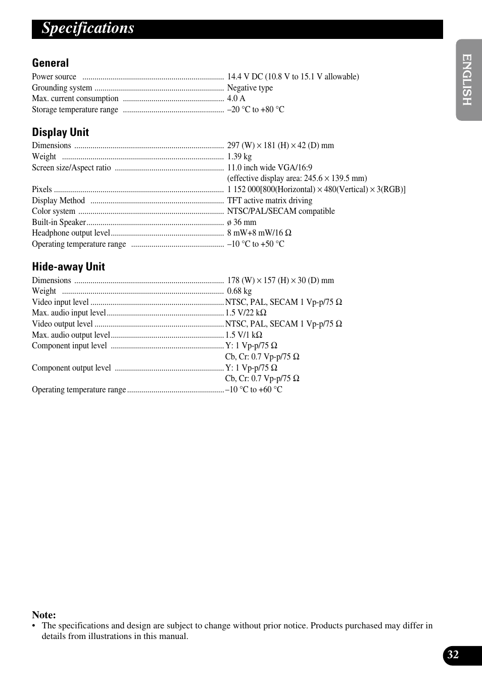 Specifications | Pioneer AVD-W1100V User Manual | Page 33 / 226