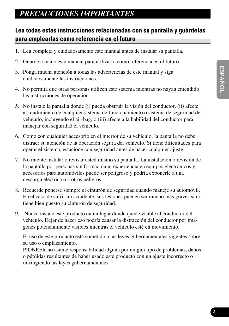 Precauciones importantes, Lea todas estas instrucciones relacionadas | Pioneer AVD-W1100V User Manual | Page 35 / 226