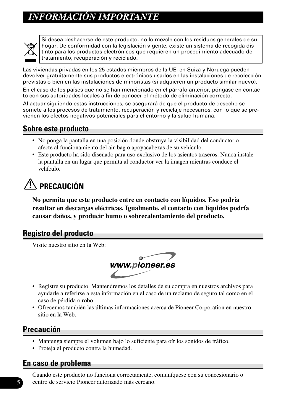 Información importante, Sobre este producto, Precaución | Registro del producto, En caso de problema | Pioneer AVD-W1100V User Manual | Page 38 / 226