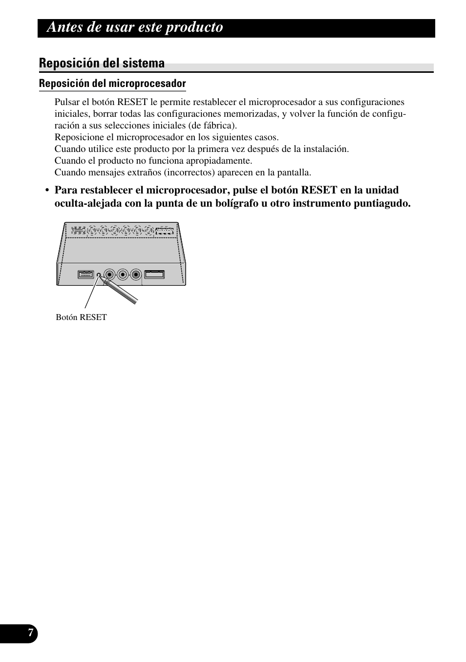 Reposición del sistema, Reposición del microprocesador, Antes de usar este producto | Pioneer AVD-W1100V User Manual | Page 40 / 226