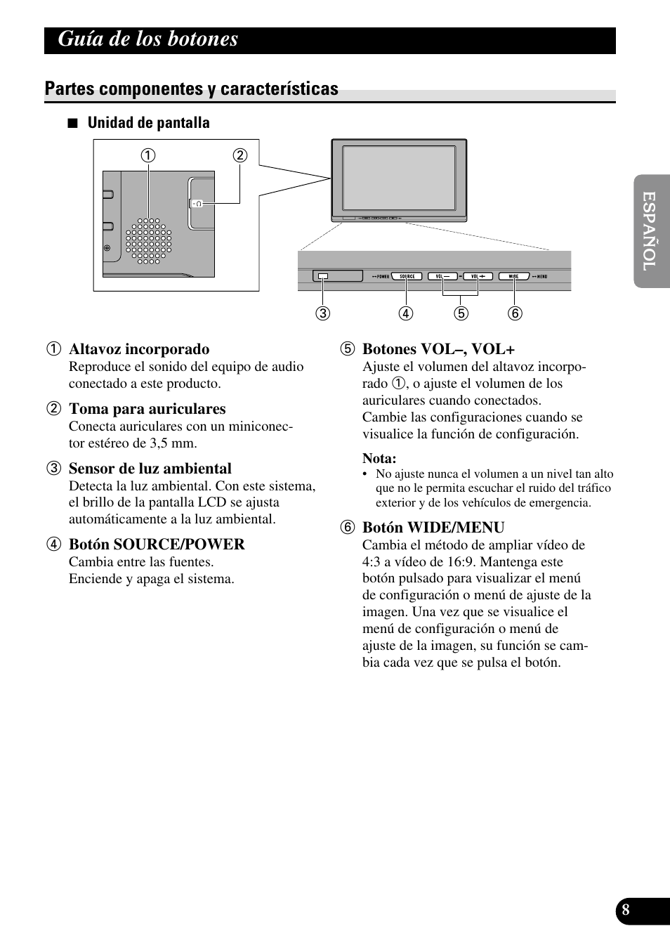 Guía de los botones, Partes componentes y características | Pioneer AVD-W1100V User Manual | Page 41 / 226