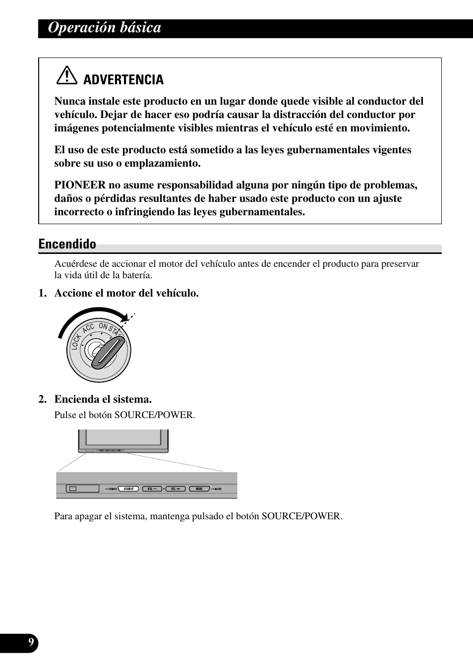 Operación básica, Encendido, Advertencia | Pioneer AVD-W1100V User Manual | Page 42 / 226
