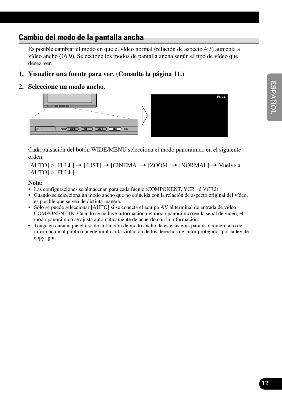 Cambio del modo de la pantalla ancha | Pioneer AVD-W1100V User Manual | Page 45 / 226