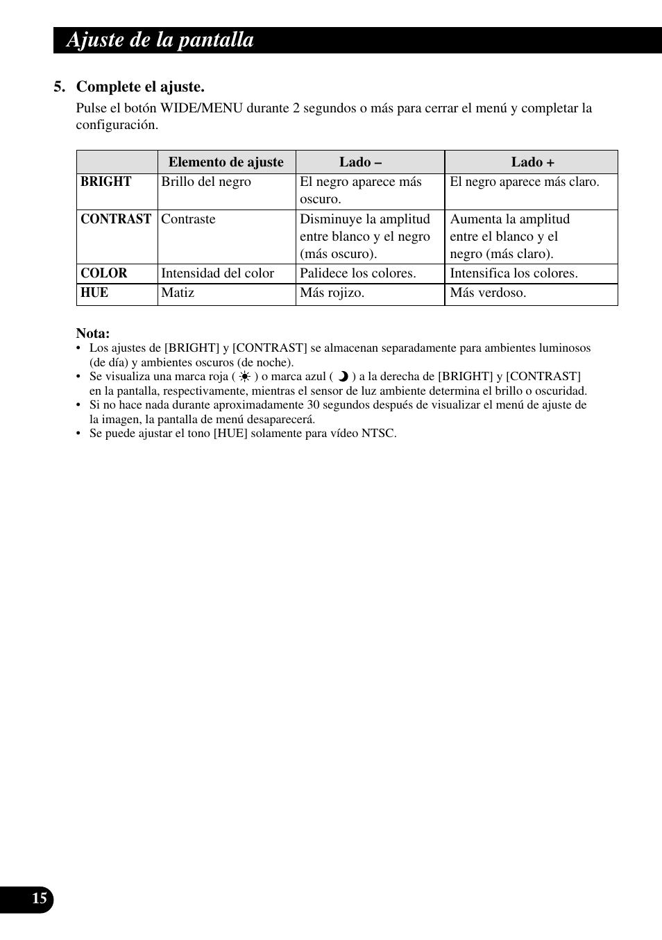 Ajuste de la pantalla | Pioneer AVD-W1100V User Manual | Page 48 / 226