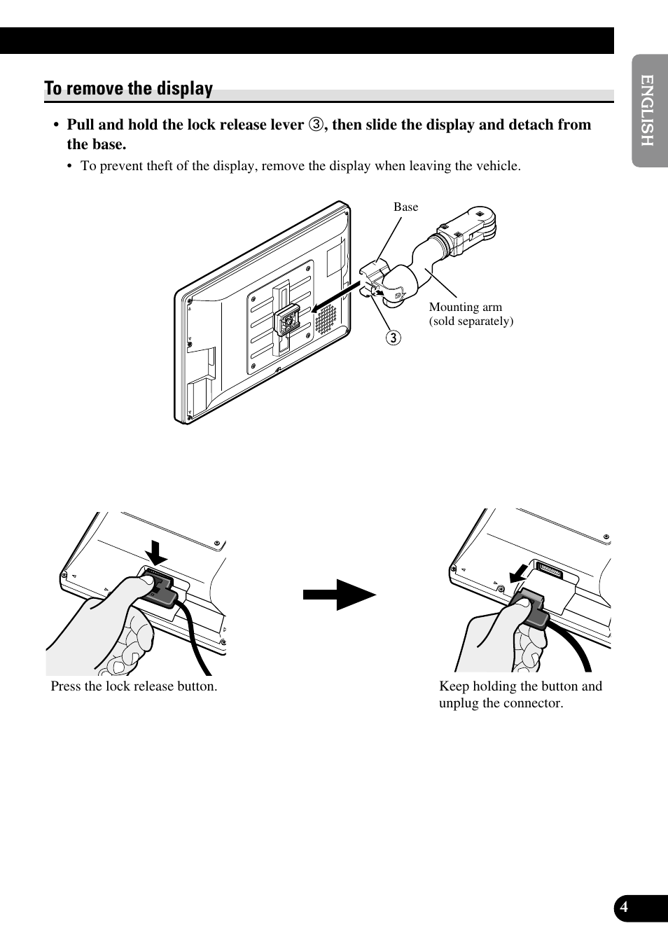 To remove the display | Pioneer AVD-W1100V User Manual | Page 5 / 226