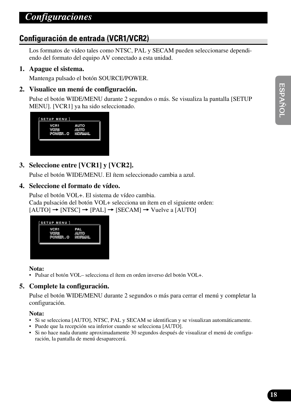 Configuraciones, Configuración de entrada (vcr1/vcr2), Apague el sistema | Visualice un menú de configuración, Seleccione entre [vcr1] y [vcr2, Seleccione el formato de vídeo, Complete la configuración | Pioneer AVD-W1100V User Manual | Page 51 / 226