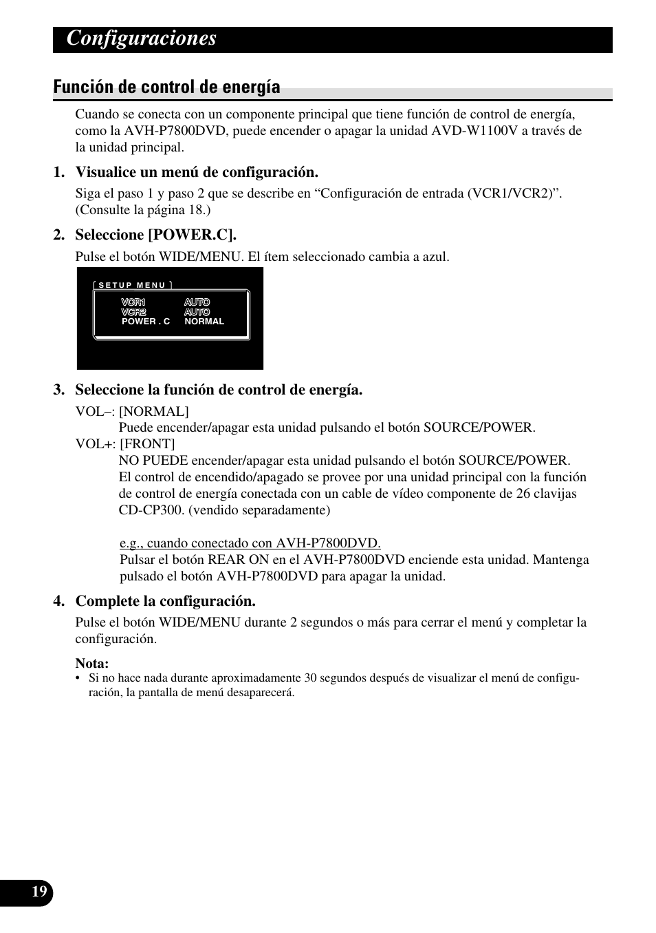 Función de control de energía, Configuraciones, Visualice un menú de configuración | Seleccione [power.c, Seleccione la función de control de energía, Complete la configuración | Pioneer AVD-W1100V User Manual | Page 52 / 226