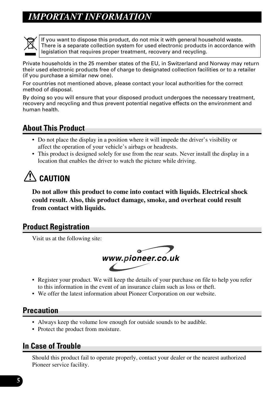 Important information, About this product, Caution | Product registration, Precaution | Pioneer AVD-W1100V User Manual | Page 6 / 226