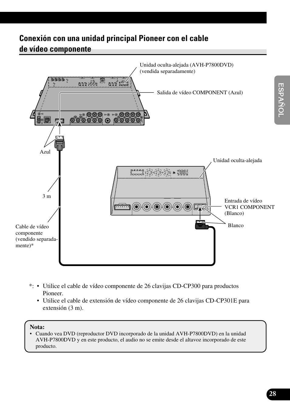 Conexión con una unidad principal pioneer, Con el cable de vídeo componente | Pioneer AVD-W1100V User Manual | Page 61 / 226