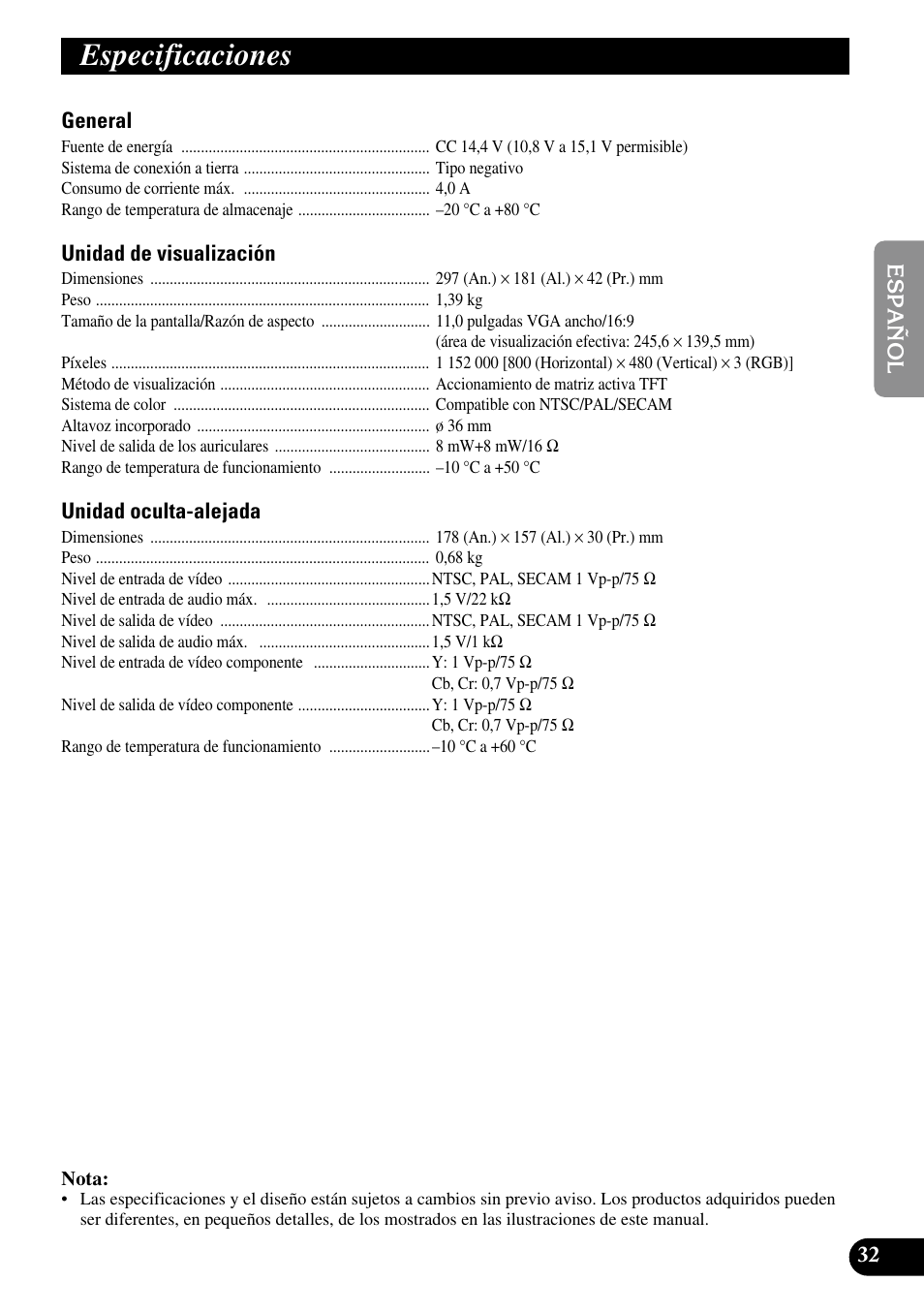 Especificaciones | Pioneer AVD-W1100V User Manual | Page 65 / 226