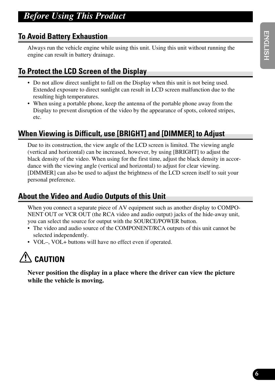 Before using this product, Dimmer] to adjust, About the video and audio outputs | Of this unit, About the video and audio outputs of this unit, Caution | Pioneer AVD-W1100V User Manual | Page 7 / 226