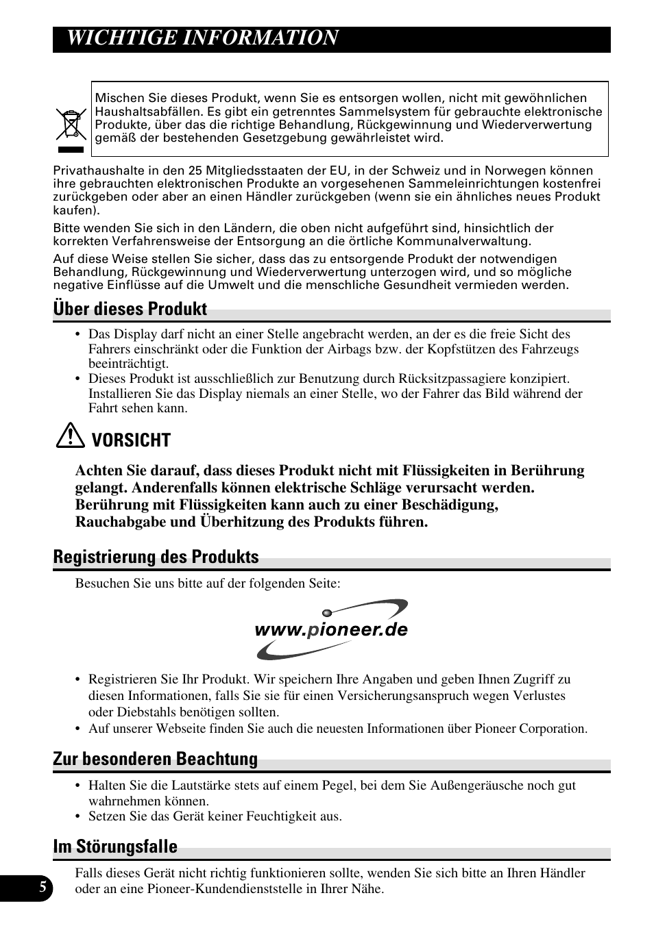 Wichtige information, Über dieses produkt, Vorsicht | Registrierung des produkts, Zur besonderen beachtung, Im störungsfalle | Pioneer AVD-W1100V User Manual | Page 70 / 226