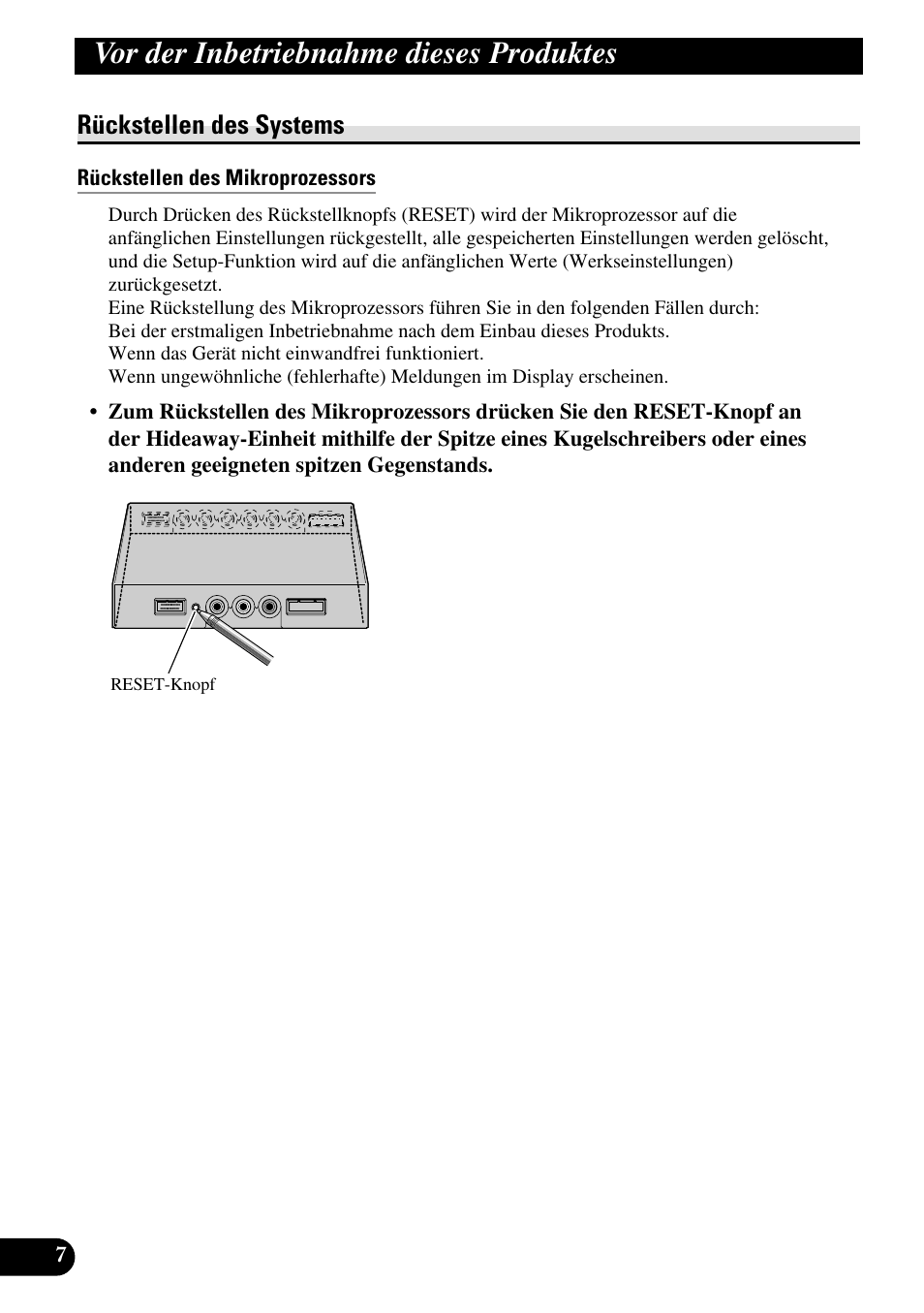 Rückstellen des systems, Rückstellen des mikroprozessors, Vor der inbetriebnahme dieses produktes | Pioneer AVD-W1100V User Manual | Page 72 / 226