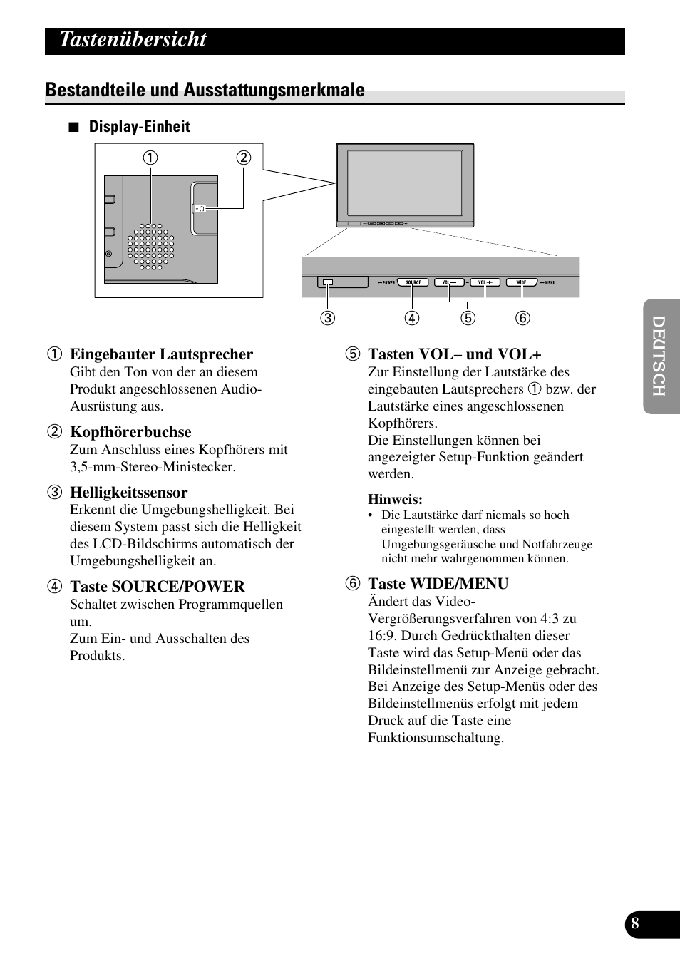 Tastenübersicht, Bestandteile und ausstattungsmerkmale | Pioneer AVD-W1100V User Manual | Page 73 / 226