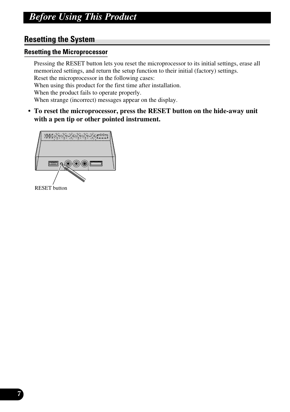 Resetting the system, Resetting the microprocessor, Before using this product | Pioneer AVD-W1100V User Manual | Page 8 / 226