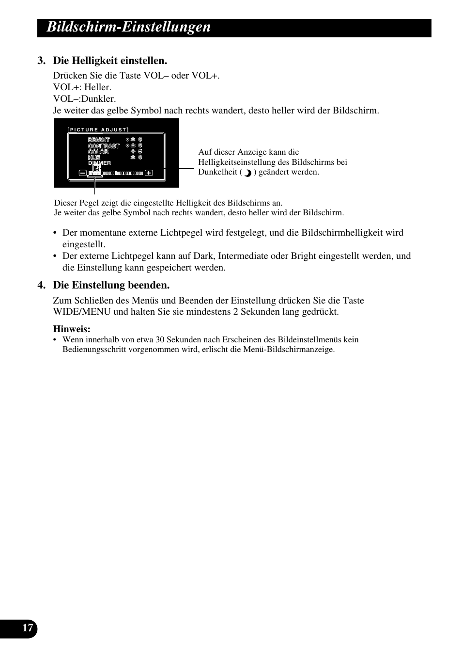 Bildschirm-einstellungen, 17 3. die helligkeit einstellen, Die einstellung beenden | Pioneer AVD-W1100V User Manual | Page 82 / 226