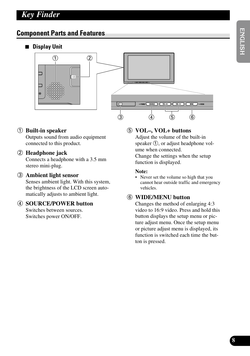 Key finder, Component parts and features | Pioneer AVD-W1100V User Manual | Page 9 / 226