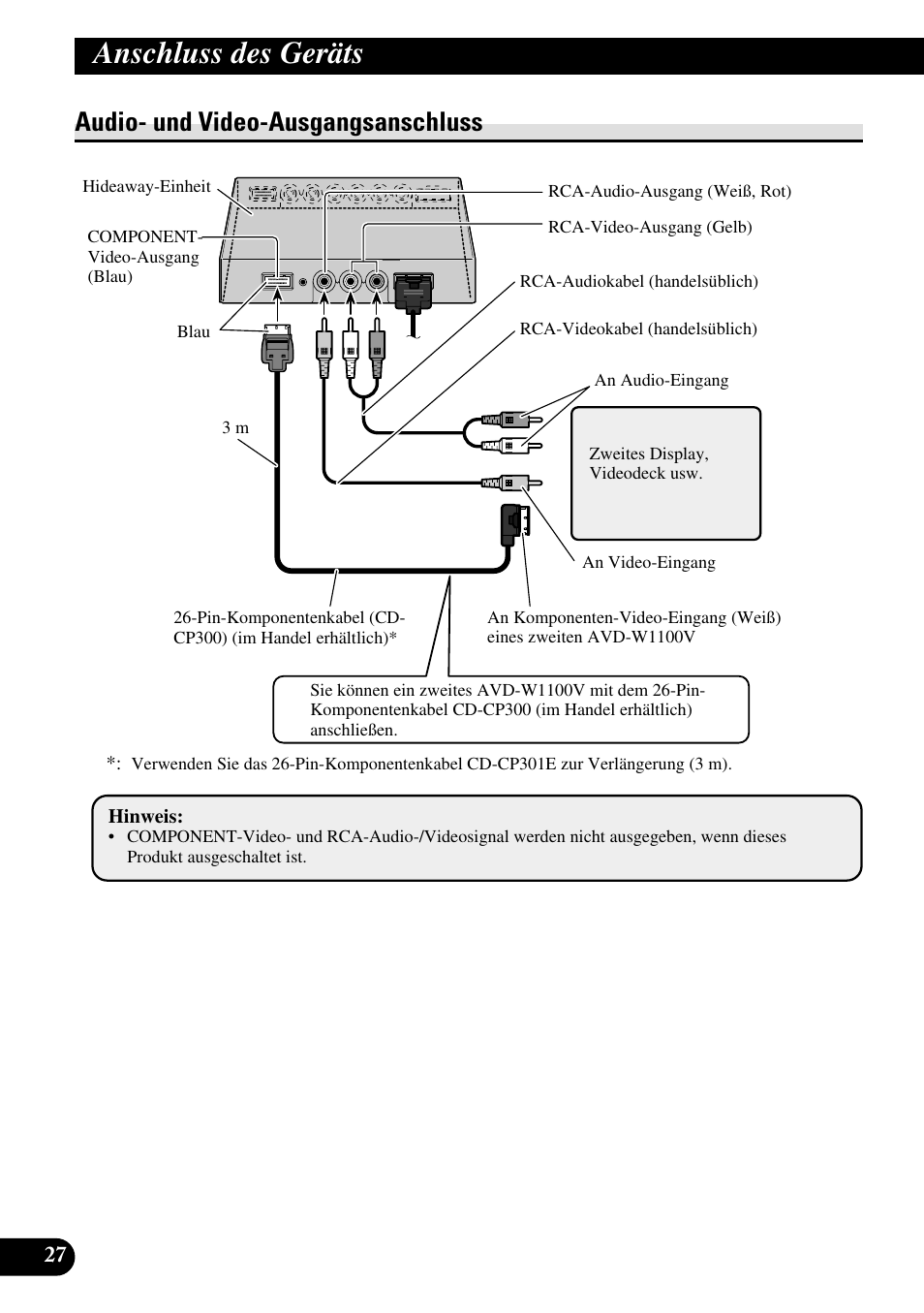 Audio- und video-ausgangsanschluss, Anschluss des geräts | Pioneer AVD-W1100V User Manual | Page 92 / 226