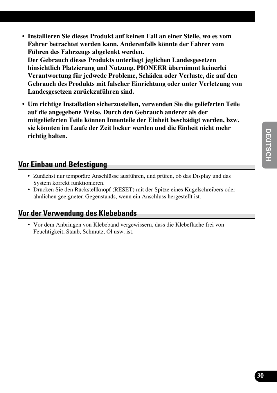 Vor einbau und befestigung, Vor der verwendung des klebebands | Pioneer AVD-W1100V User Manual | Page 95 / 226