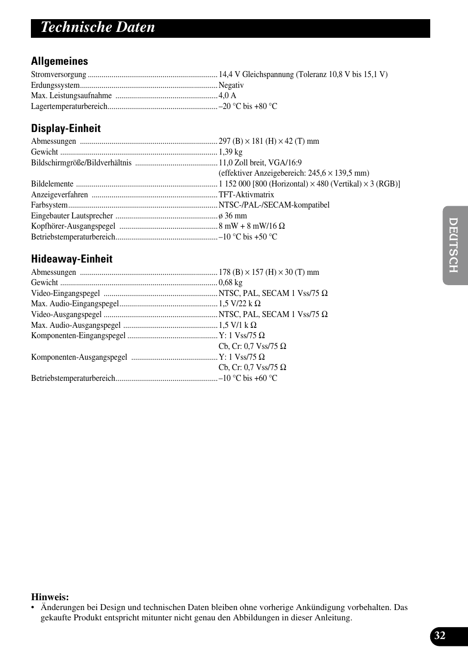 Technische daten | Pioneer AVD-W1100V User Manual | Page 97 / 226