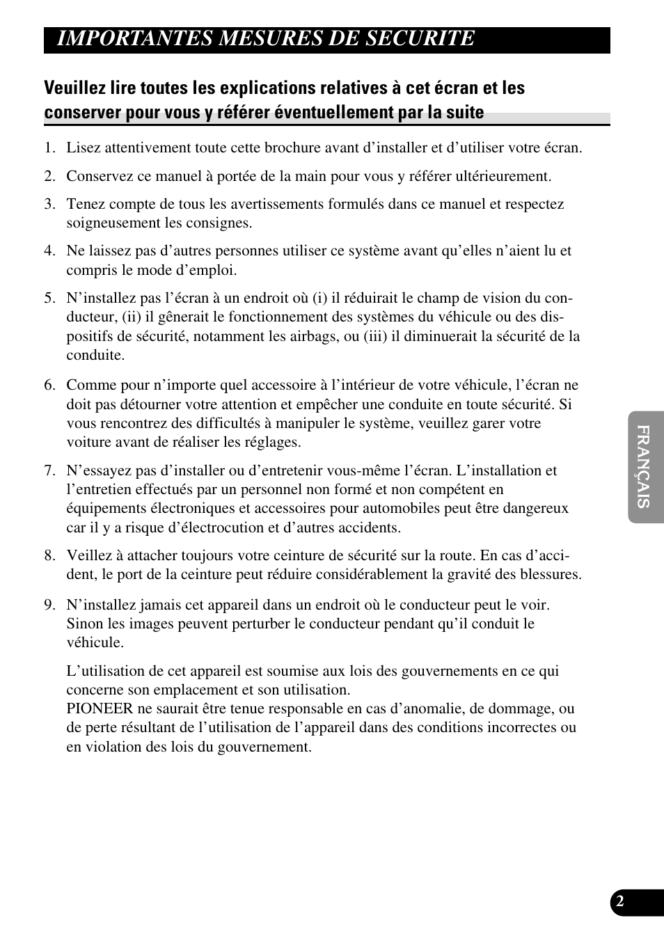 Importantes mesures de, Securite, Veuillez lire toutes les explications relatives à | Importantes mesures de securite | Pioneer AVD-W1100V User Manual | Page 99 / 226