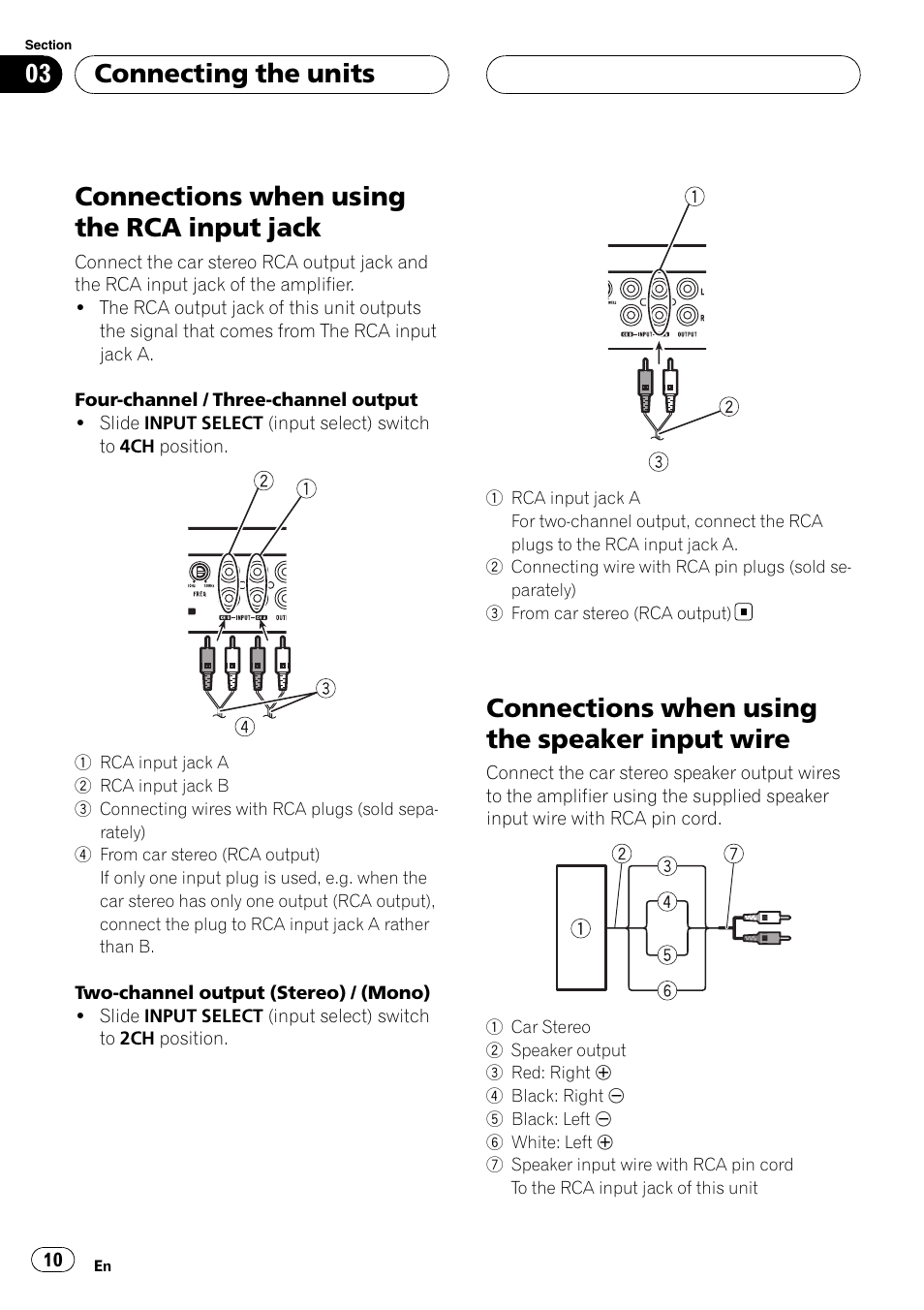 Connections when using the rca input, Jack, Connections when using the speaker input | Wire, Connections when using the rca input jack, Connections when using the speaker input wire, Connecting the units | Pioneer GM-D9500F User Manual | Page 10 / 104