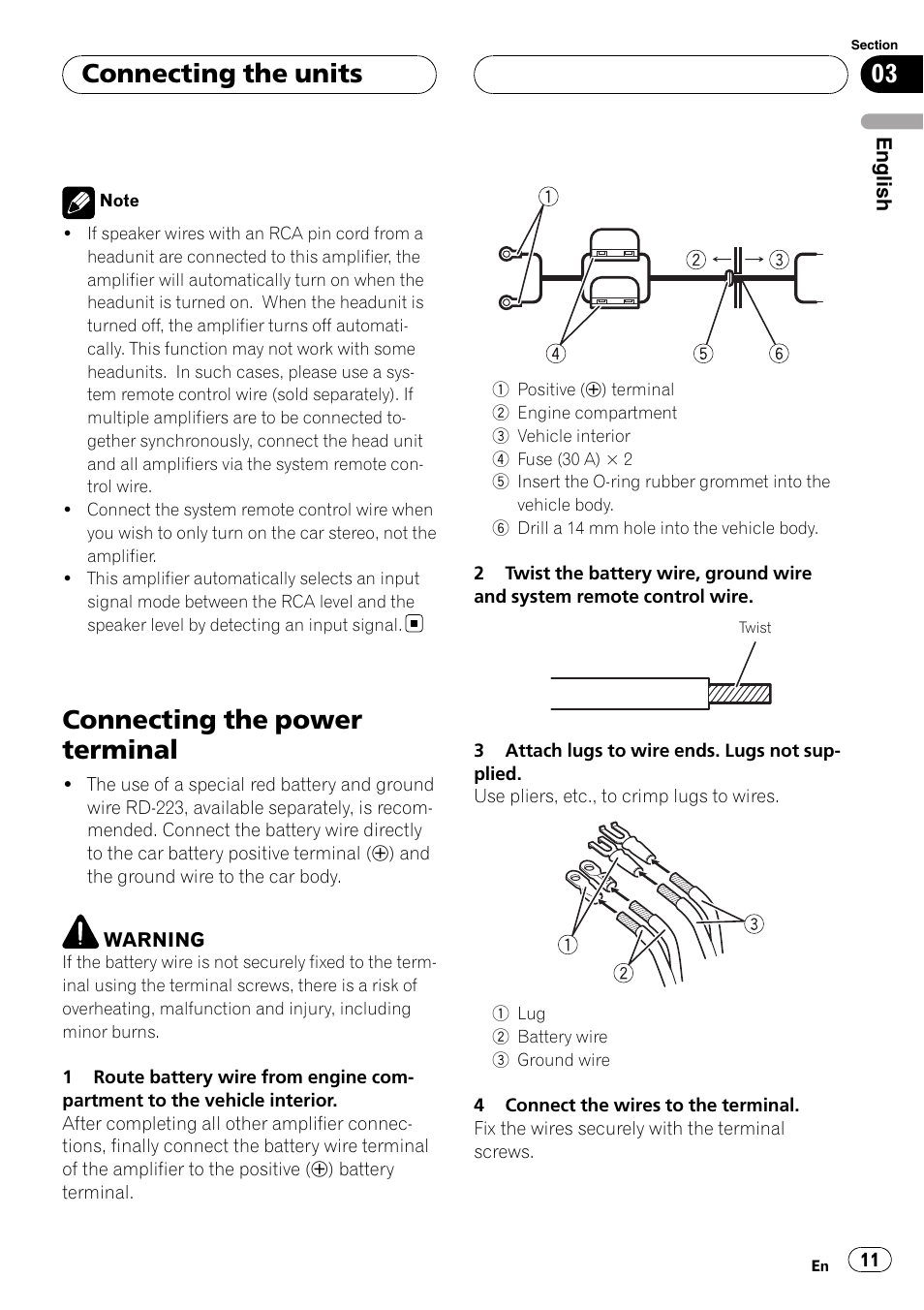 Connecting the power terminal, Connecting the units | Pioneer GM-D9500F User Manual | Page 11 / 104