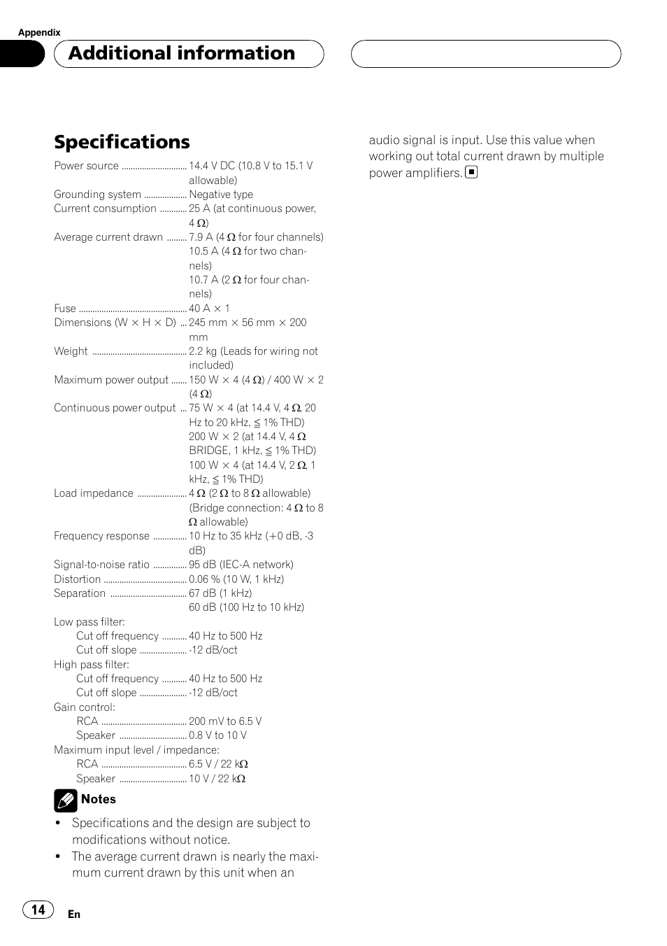 Additional information specifications, Specifications, Additional information | Pioneer GM-D9500F User Manual | Page 14 / 104