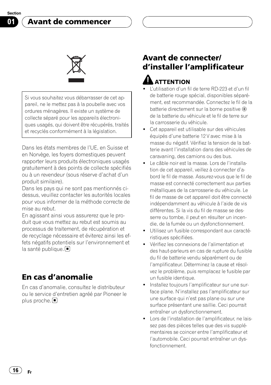Avant de commencer, En cas d, Anomalie 16 | Avant de connecter/d, Installer, Amplificateur 16, En cas d ’anomalie, Avant de connecter/ d ’installer l’amplificateur | Pioneer GM-D9500F User Manual | Page 16 / 104