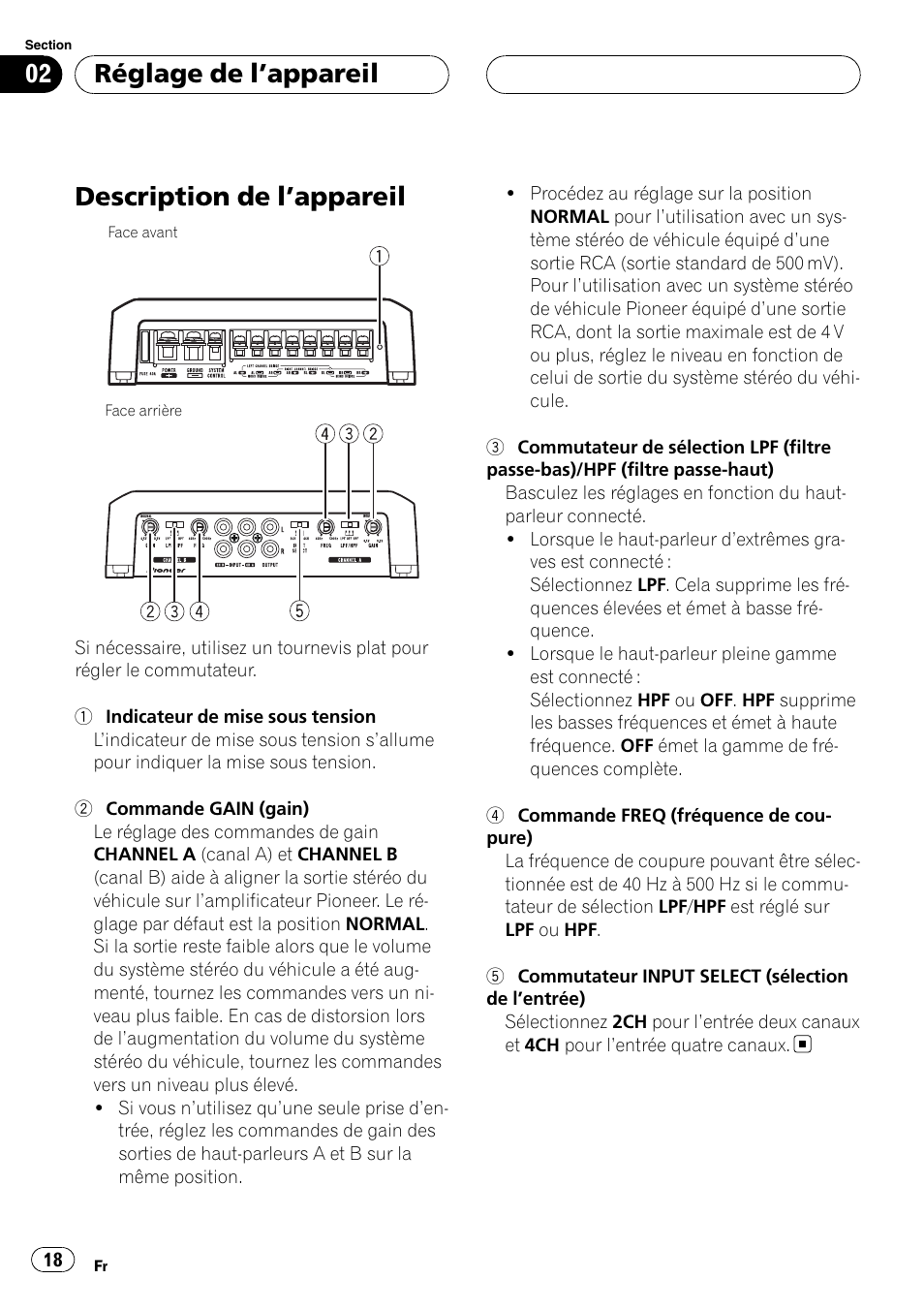 Réglage de l, Appareil, Description de l | Appareil 18, Description de l ’appareil, Réglage de l ’appareil | Pioneer GM-D9500F User Manual | Page 18 / 104