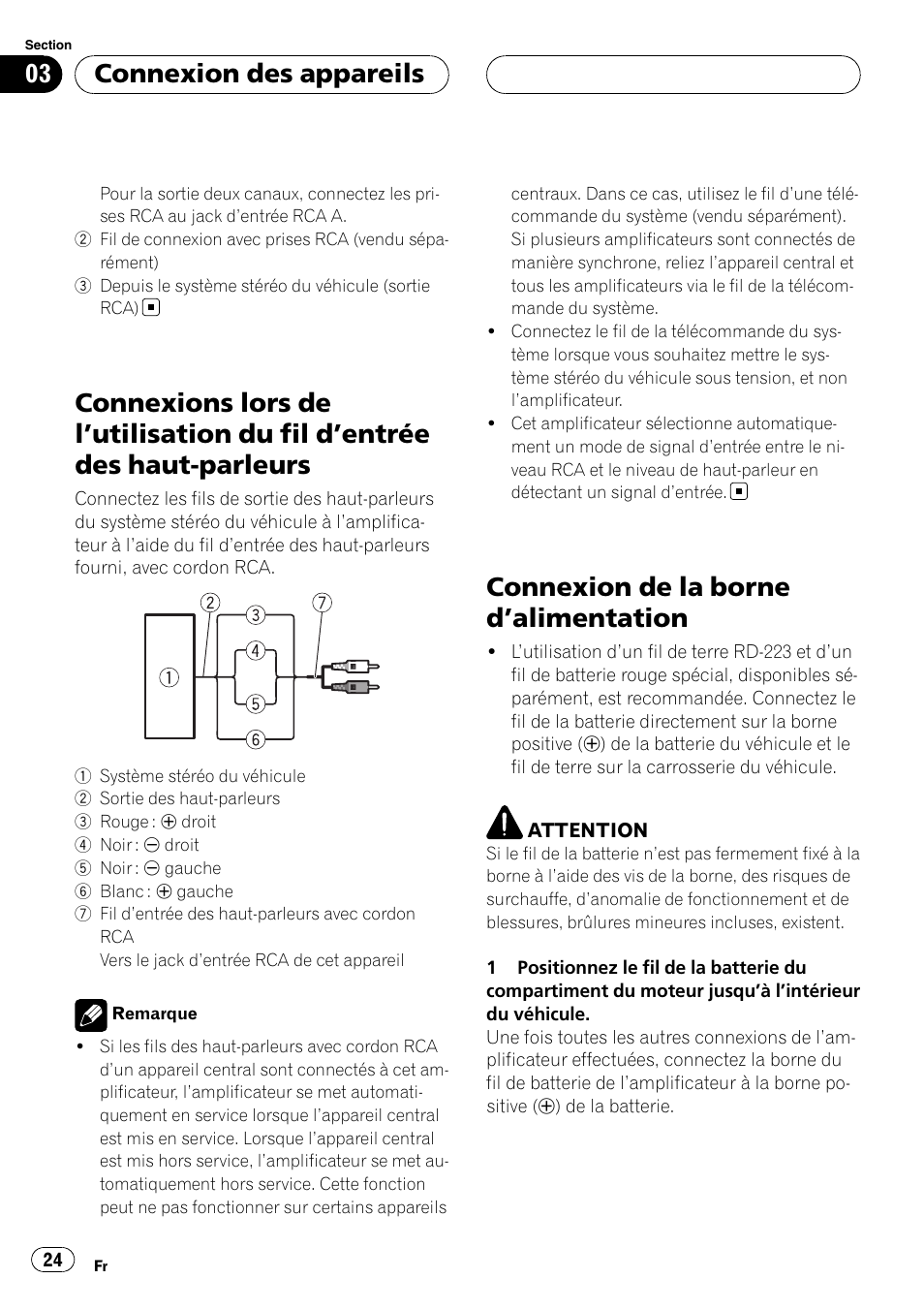 Connexions lors de l, Utilisation du fil d’entrée, Des haut-parleurs | Connexion de la borne d, Alimentation 24, Connexion de la borne d ’alimentation, Connexion des appareils | Pioneer GM-D9500F User Manual | Page 24 / 104