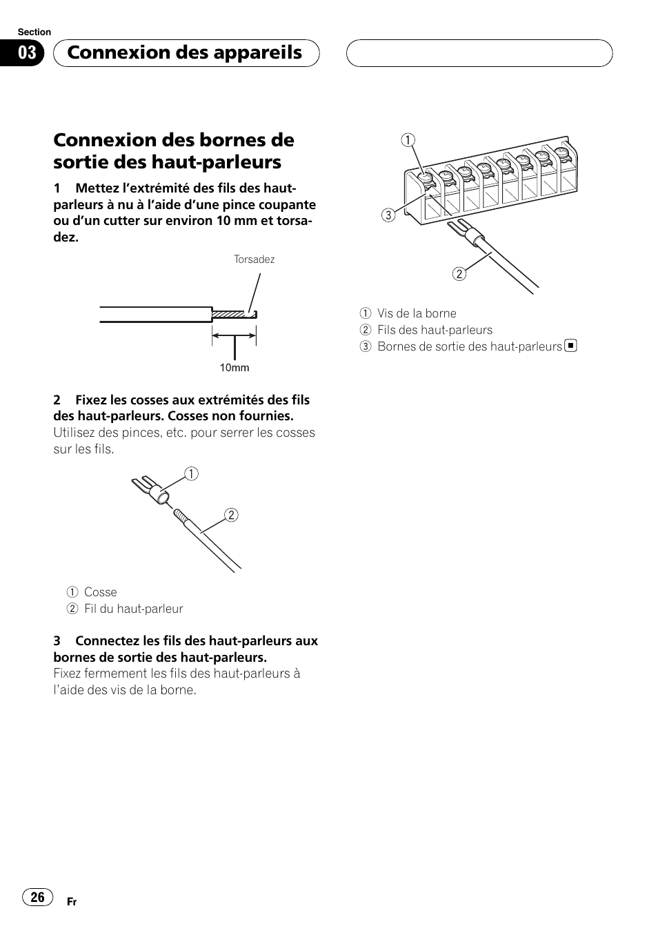 Connexion des bornes de sortie des haut, Parleurs, Connexion des bornes de sortie des haut-parleurs | Connexion des appareils | Pioneer GM-D9500F User Manual | Page 26 / 104