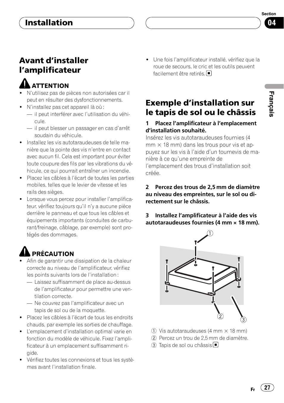 Installation avant d, Installer l’amplificateur 27, Exemple d | Installation sur le tapis de sol ou, Le châssis, Avant d ’installer l ’amplificateur, Installation | Pioneer GM-D9500F User Manual | Page 27 / 104