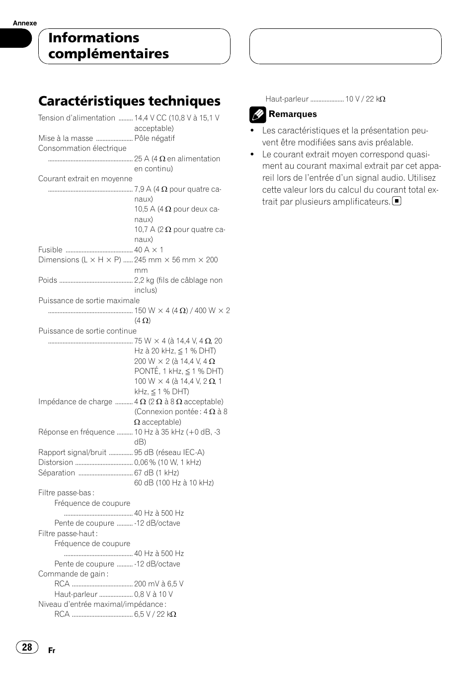 Caractéristiques techniques, Informations complémentaires | Pioneer GM-D9500F User Manual | Page 28 / 104