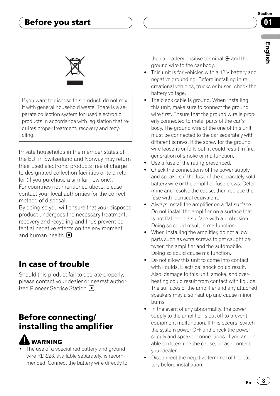 Before you start, In case of trouble, Before connecting/installing the amplifier | Before connecting/ installing the amplifier | Pioneer GM-D9500F User Manual | Page 3 / 104