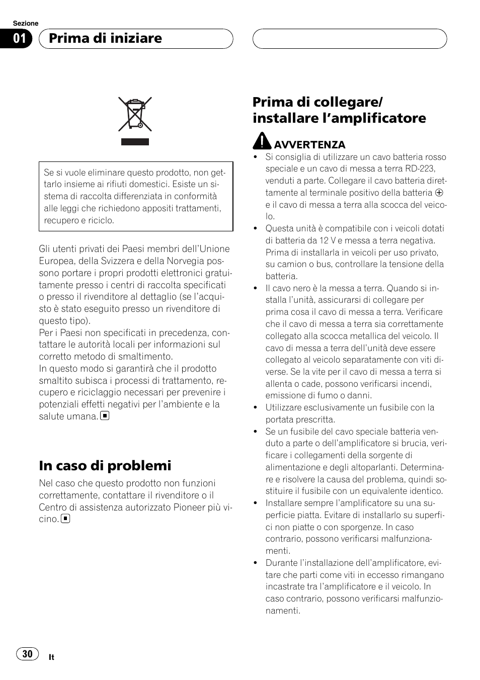 Prima di iniziare, In caso di problemi, Prima di collegare/installare | Amplificatore 30, Prima di collegare/ installare l ’amplificatore | Pioneer GM-D9500F User Manual | Page 30 / 104