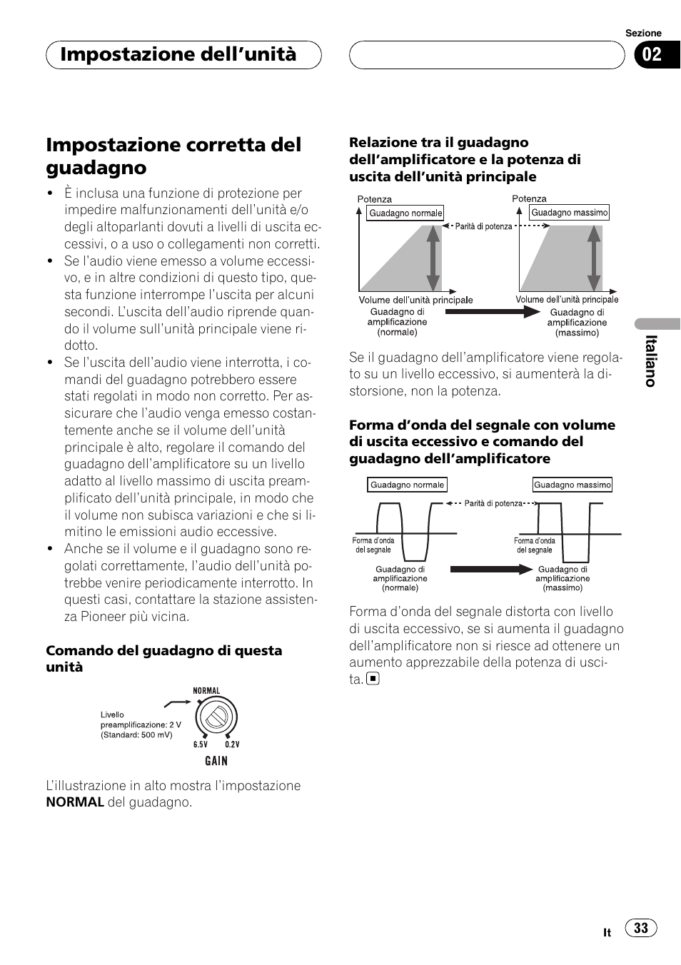 Impostazione corretta del guadagno, Impostazione dell ’unità | Pioneer GM-D9500F User Manual | Page 33 / 104