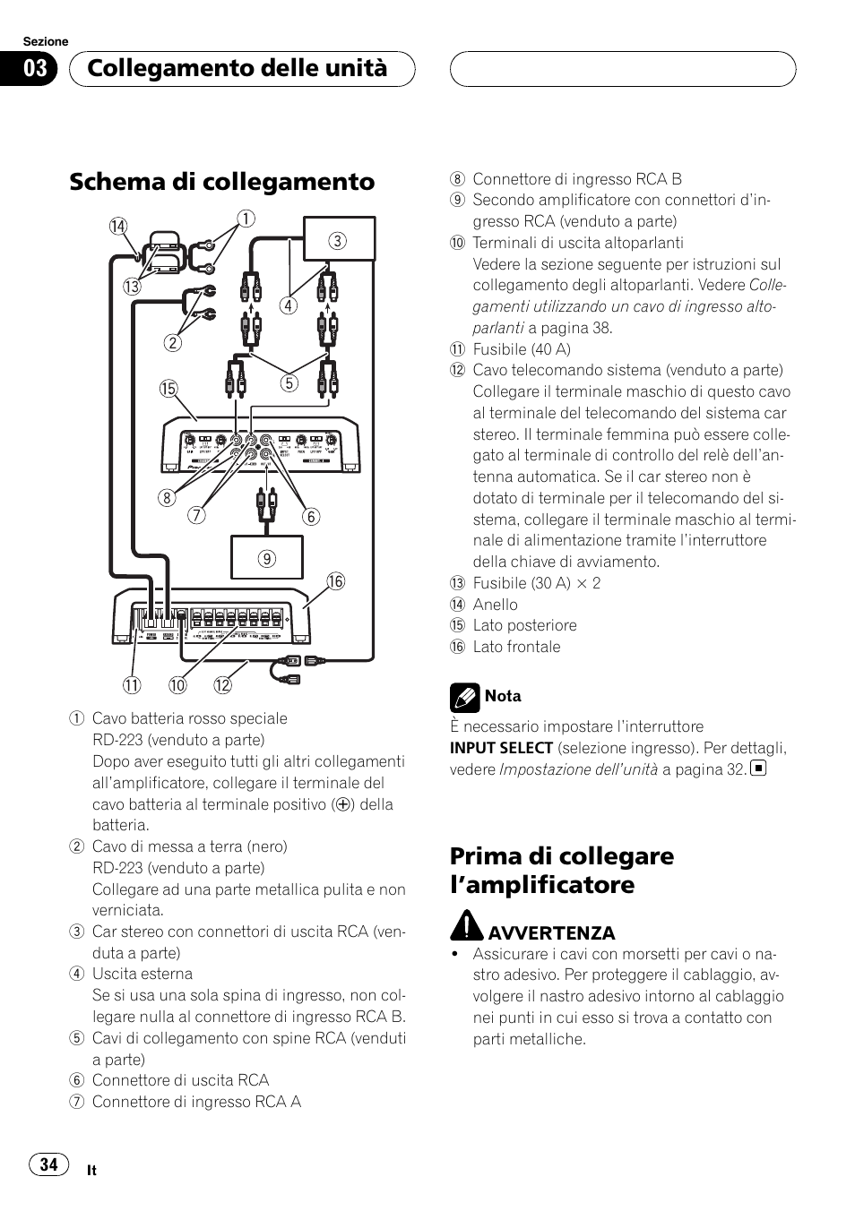 Collegamento delle unità schema di collegamento, Prima di collegare l, Amplificatore 34 | Schema di collegamento, Prima di collegare l ’amplificatore, Collegamento delle unità | Pioneer GM-D9500F User Manual | Page 34 / 104