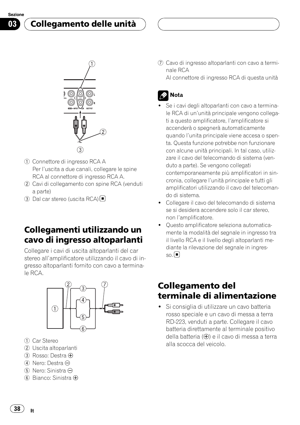 Collegamenti utilizzando un cavo di ingresso, Altoparlanti, Collegamento del terminale di | Alimentazione, Collegamento del terminale di alimentazione, Collegamento delle unità | Pioneer GM-D9500F User Manual | Page 38 / 104