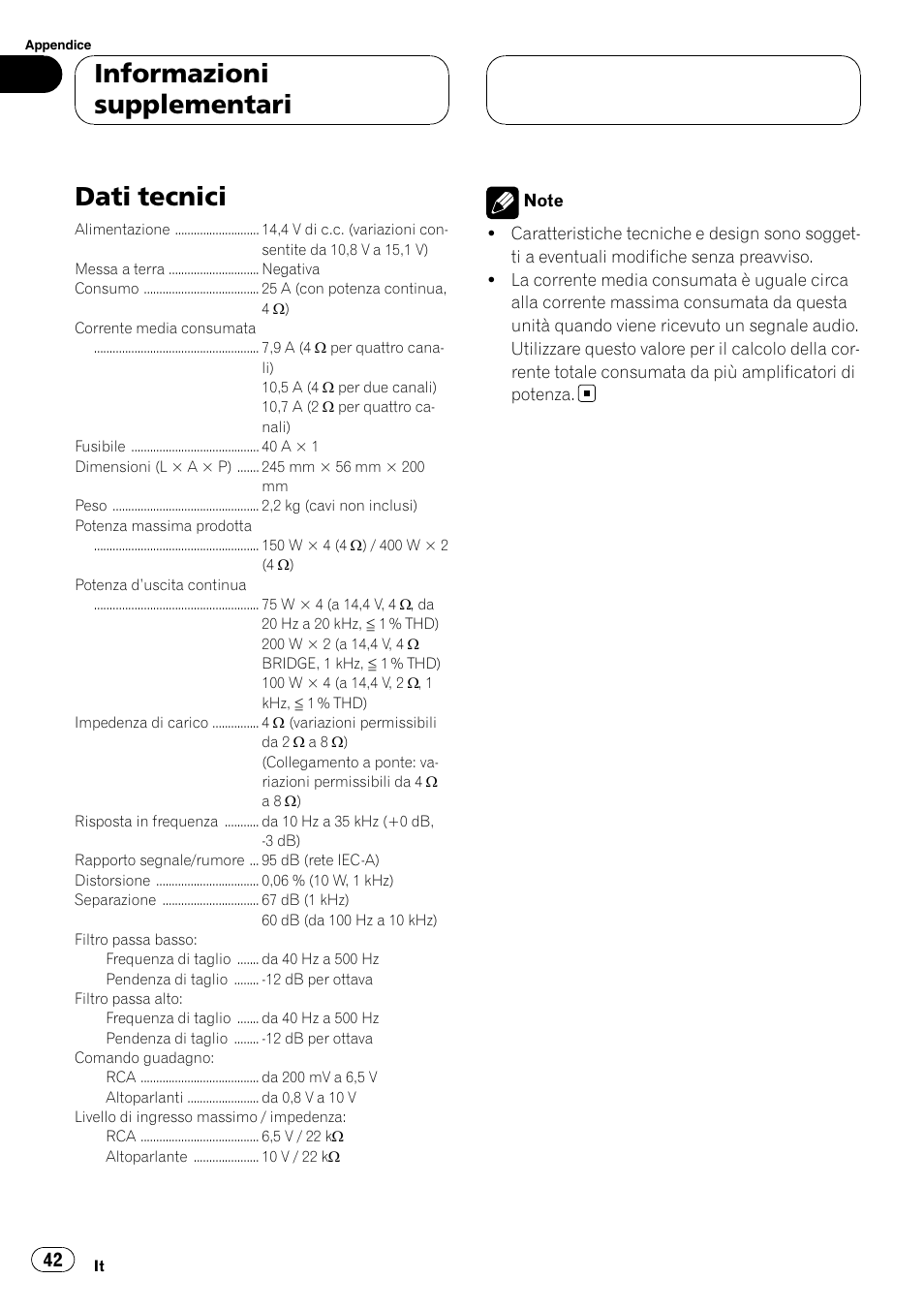 Informazioni supplementari dati tecnici, Dati tecnici, Informazioni supplementari | Pioneer GM-D9500F User Manual | Page 42 / 104
