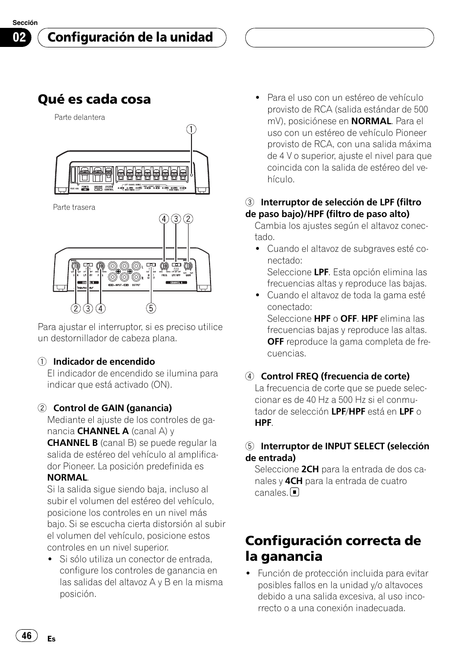 Configuración de la unidad qué es cada cosa, Configuración correcta de la ganancia, Qué es cada cosa | Configuración de la unidad | Pioneer GM-D9500F User Manual | Page 46 / 104