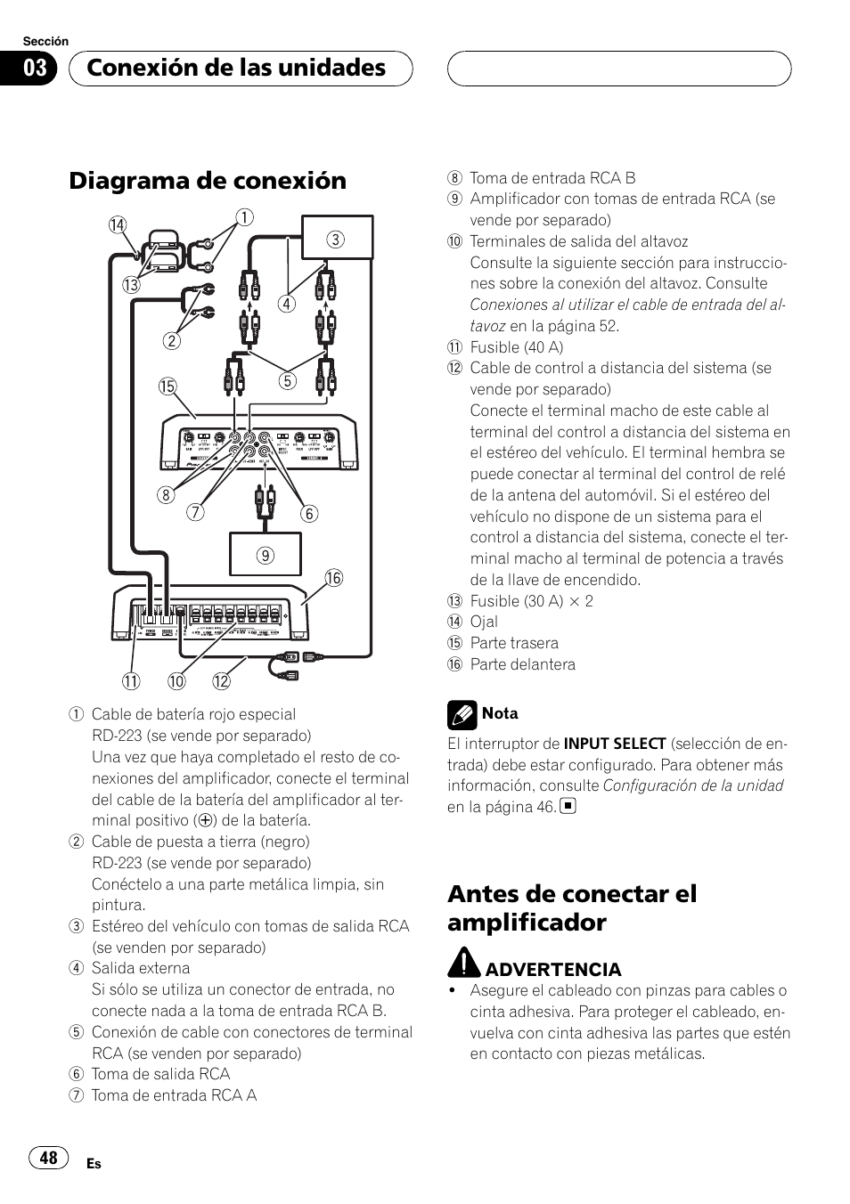 Conexión de las unidades diagrama de conexión, Antes de conectar el amplificador, Diagrama de conexión | Conexión de las unidades | Pioneer GM-D9500F User Manual | Page 48 / 104