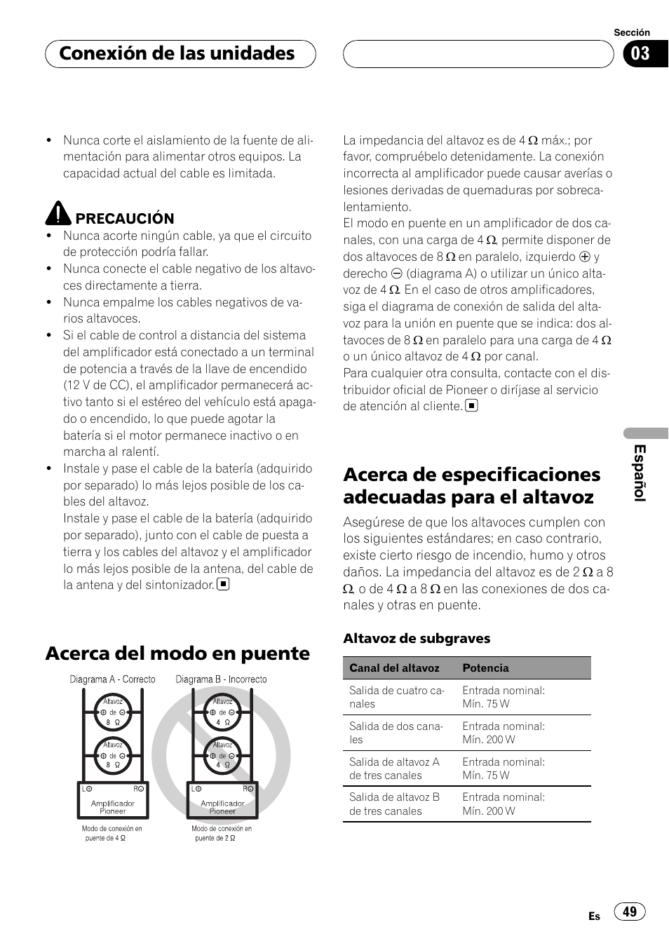 Acerca del modo en puente, Acerca de especificaciones adecuadas para, El altavoz | Conexión de las unidades | Pioneer GM-D9500F User Manual | Page 49 / 104